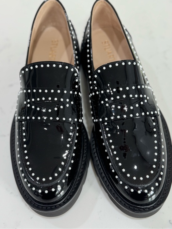 Stuart Weitzman Shoes - Stuart Weitzman Parker Lift Black Patent Leather Mini Pearl Loafers Size 7.5